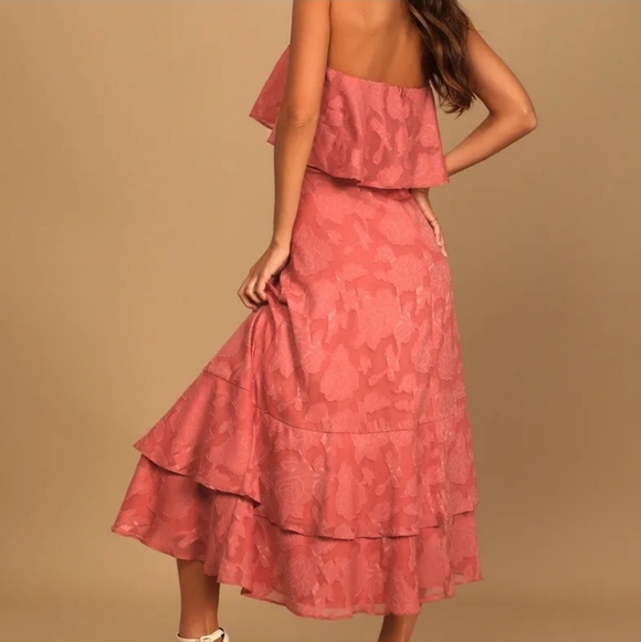 Lulu's Women's Pink Burnout Floral Strapless Bohemian Boho Midi Dress. Size M - Picture 3 of 11